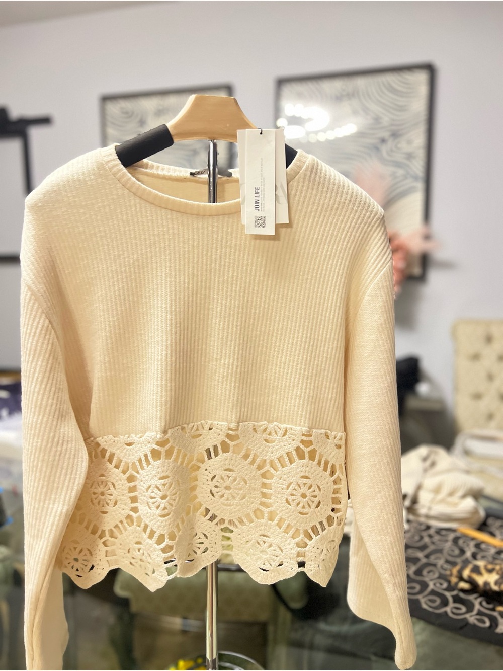 Zara Cream Crochet-Hem Women's Sweater